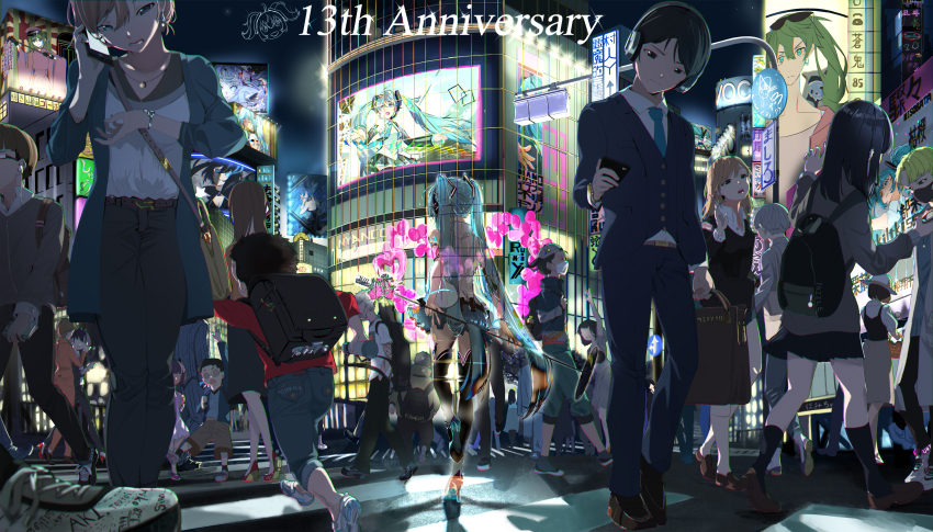 6+boys 6+girls absurdres anniversary aqua_hair arm_tattoo arm_up bag belt black-framed_eyewear black_eyes black_footwear black_hair black_pants black_rock_shooter black_rock_shooter_(character) black_socks blunt_bangs bob_cut bowl_cut brown_hair building cable cameo cellphone chibi chibi_inset child city clothes_writing coat covered_mouth crosswalk crowd detached_sleeves earphones english_text faceless faceless_female faceless_male facing_away flower formal_clothes glasses grey_hair hair_ornament hat hatsune_miku hatsune_miku_no_shoushitsu_(vocaloid) head_tilt headphones heart high_heels highres holding holding_phone hood hoodie huge_filesize instrument_case jewelry karakuri_pierrot_(vocaloid) kneehighs loafers long_hair long_skirt looking_at_hand looking_away looking_down mask melt_(vocaloid) merah_drow microphone_stand miniskirt mouth_mask multiple_boys multiple_girls necklace necktie night open_clothes open_coat original outdoors pants pendant petticoat phone pleated_skirt profile red_flower red_footwear road round_eyewear running scenery school_uniform senbon-zakura_(vocaloid) shinkai_shoujo_(vocaloid) shoe_soles shoes shoulder_bag skirt skyscraper sleeves_rolled_up sneakers socks song_request songover standing standing_on_one_leg street suit sun_hat suna_no_wakusei_(vocaloid) sweater talking_on_phone tattoo thighhighs traffic_light transparent twintails very_long_hair vocaloid walking watch waving wristwatch