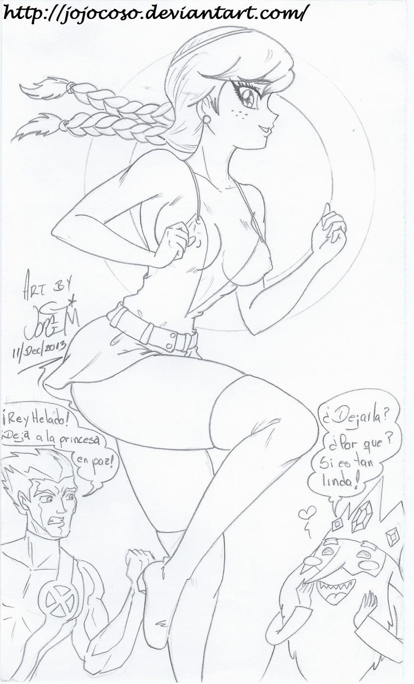 10s 1girl 2012 2boys absurdres adventure_time angry anna_(frozen) beard belt blush blush_stickers bodysuit boots braid breasts cartoon_network clenched_teeth collarbone covered_erect_nipples crossover crown dated december disney earrings facial_hair freckles frozen_(disney) gem grin hands_on_own_face heart highres ice_king iceman_(x-men) jewelry long_hair long_sleeves looking_at_viewer lovestruck marvel medium_breasts monochrome multiple_boys open_mouth robe sharp_teeth shirt short_hair sketch skirt smile spanish_text speech_bubble standing standing_on_one_leg star_(symbol) supergeorgesapiens superhero_costume tank_top teeth thigh_boots trait_connection twin_braids x-men