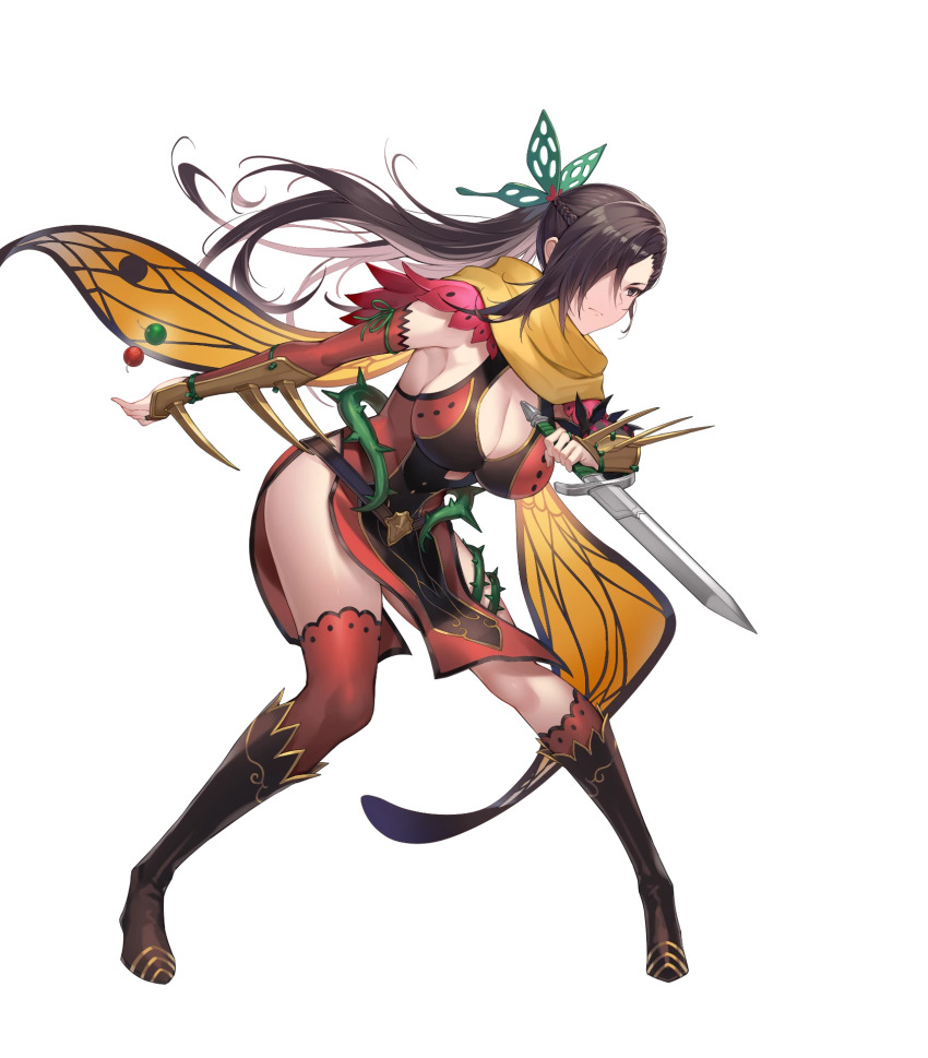 1girl armor asymmetrical_legwear belt boots breasts brown_eyes brown_hair cape cleavage closed_mouth dagger dress female_focus fire_emblem fire_emblem_fates fire_emblem_heroes full_body hair_ornament hair_over_one_eye highleg highres holding holding_dagger holding_knife holding_weapon kagero_(fire_emblem) kagero_(resplendent)_(fire_emblem) kakage knee_boots knife large_breasts long_hair looking_away matching_hair/eyes ninja nintendo official_alternate_costume official_art reverse_grip shiny_skin short_dress single_thighhigh solo thighhighs thighs thorns transparent_background weapon
