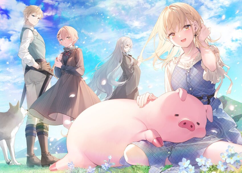 1boy 3girls black_dress blonde_hair blue_dress blue_sky brace_(buta_no_liver_wa_kanetsu_shiro) buta_no_liver_wa_kanetsu_shiro ceres_(buta_no_liver_wa_kanetsu_shiro) cloud cloudy_sky dress earrings floating_hair hair_between_eyes hand_up jess_(buta_no_liver_wa_kanetsu_shiro) jewelry long_sleeves looking_at_viewer medium_hair multiple_girls nott_(buta_no_liver_wa_kanetsu_shiro) official_art open_mouth outdoors pig pig_(buta_no_liver_wa_kanetsu_shiro) short_hair sitting sky smile standing striped_clothes striped_dress toosaka_asagi wide_sleeves wolf yellow_eyes