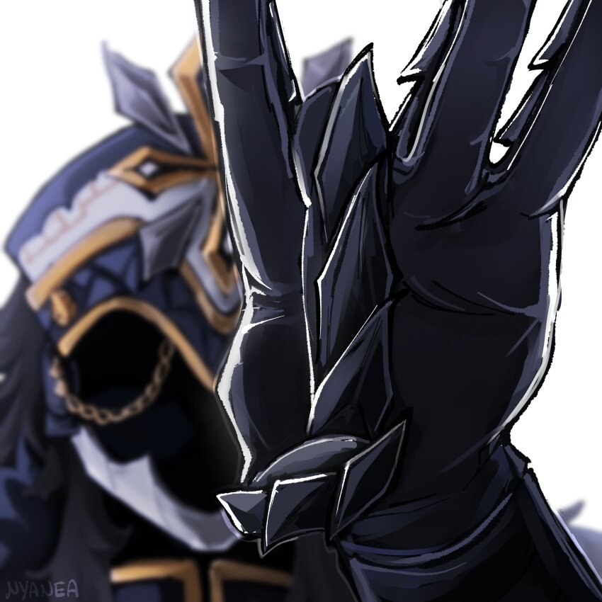 1boy absurdres black_gloves black_hair black_hat black_mask capitano_(genshin_impact) chain facing_viewer flick forehead_flick gauntlets genshin_impact gloves gold_trim hat highres imminent_hit long_hair nyanea portrait pov simple_background solo white_background