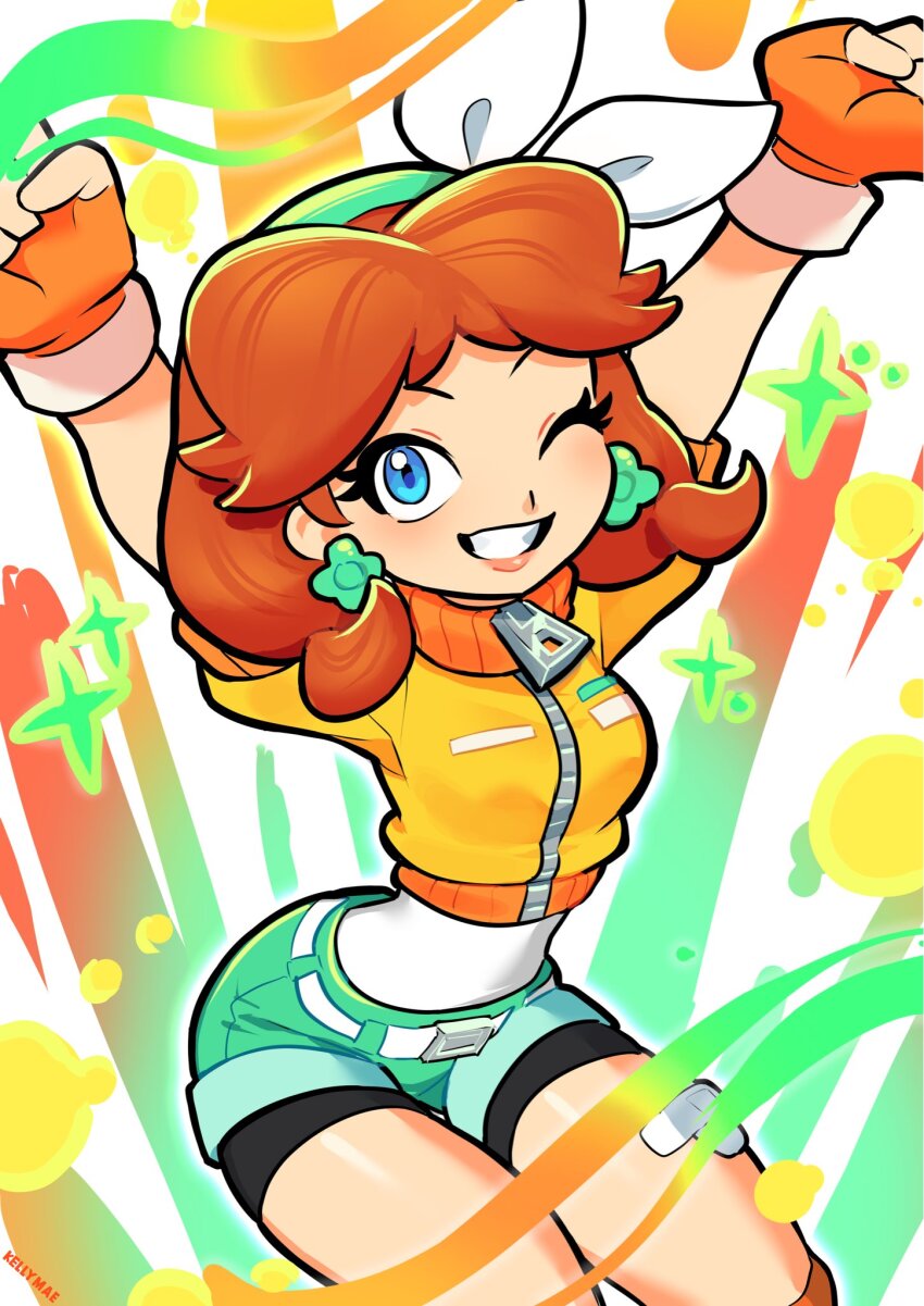 1girl aqua_hairband aqua_shorts arched_back arms_up black_shorts blue_eyes bow brown_hair cropped_jacket earrings fingerless_gloves flipped_hair flower_earrings gloves grin hairband highres jacket jewelry kellymae mario_(series) mario_kart mario_kart_world nintendo official_alternate_costume one_eye_closed orange_gloves orange_jacket orange_socks parted_bangs princess_daisy princess_daisy_(touring) short_twintails shorts smile socks solo twintails white_bow white_undershirt zipper_pull_tab