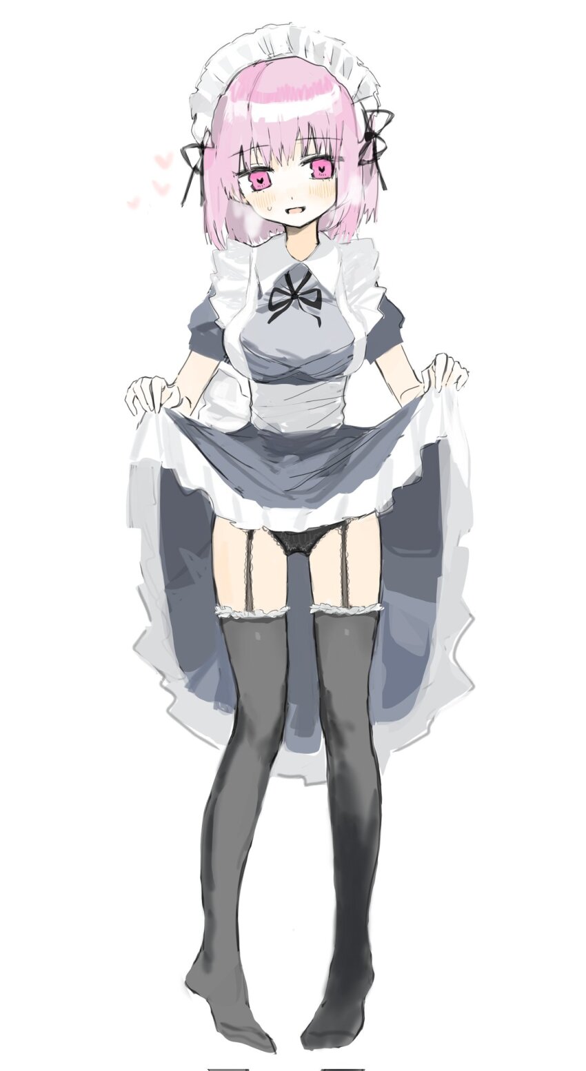 1984_(cw1000110) 1girl black_panties black_souls black_thighhighs blush clothes_lift dress full_body garter_straps grey_dress heart heart-shaped_pupils highres looking_at_viewer maid_headdress open_mouth panties pink_eyes pink_hair short_hair simple_background skirt skirt_lift smile solo sweat symbol-shaped_pupils thighhighs underwear victoria_(black_souls) white_background