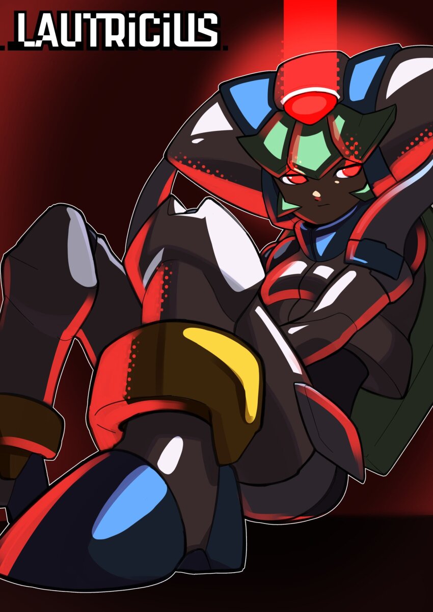 1girl armor artist_name dark_background forehead_jewel glowing glowing_eyes green_hair helmet highres lautricius long_hair mega_man_(series) mega_man_zx model_w_(mega_man) pandora_(mega_man) power_armor red_background red_eyes shadow solo white_armor white_helmet