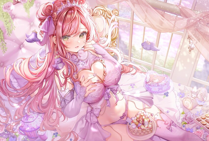 1girl animal animal_on_shoulder bird bow bow_panties breasts cake cleavage_cutout clothing_cutout commission flower food gem green_eyes hair_ribbon heart heart-shaped_cake heart-shaped_food heart_cutout highres indie_virtual_youtuber isari_sensei large_breasts long_hair nail_polish navel panties pillow pink_flower pink_hair pink_rose purple_bow purple_flower purple_gemstone purple_nails purple_panties purple_ribbon purple_rose purple_thighhighs ribbon rose solo sugar_cube teapot thighhighs tiara underwear virtual_youtuber window elle_(vtuber)