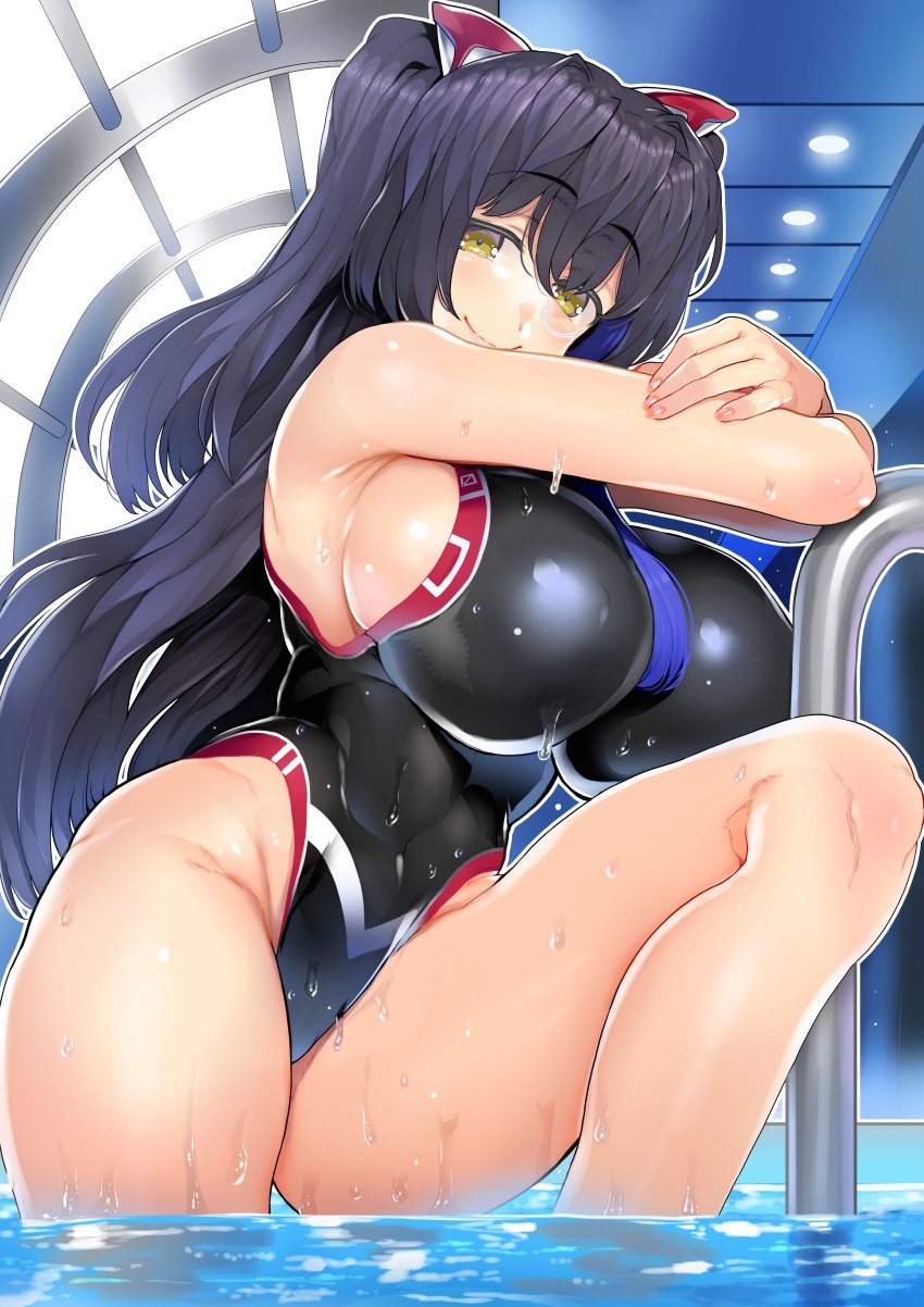 1girl absurdres bad_anatomy bare_arms black_hair black_one-piece_swimsuit breasts brown_eyes char closed_mouth covered_navel female_focus groin highleg highleg_one-piece_swimsuit highres hip_bones large_breasts leotard long_hair looking_at_viewer monocle one-piece_swimsuit original pool sideboob smile solo swimsuit thighs two_side_up water wet