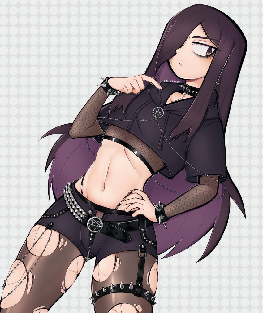 1boy belt black_belt black_hair black_hoodie black_shorts borrowed_character bracelet choker cowboy_shot cropped_hoodie drawstring hair_over_one_eye hand_on_own_hip hand_up highres hood hood_down hoodie jewelry lollypop_hr long_hair midriff navel original pantyhose patterned_background roland_(ms_pigtails) short_sleeves shorts signature solo spiked_bracelet spiked_choker spikes torn_clothes torn_pantyhose trap very_long_hair