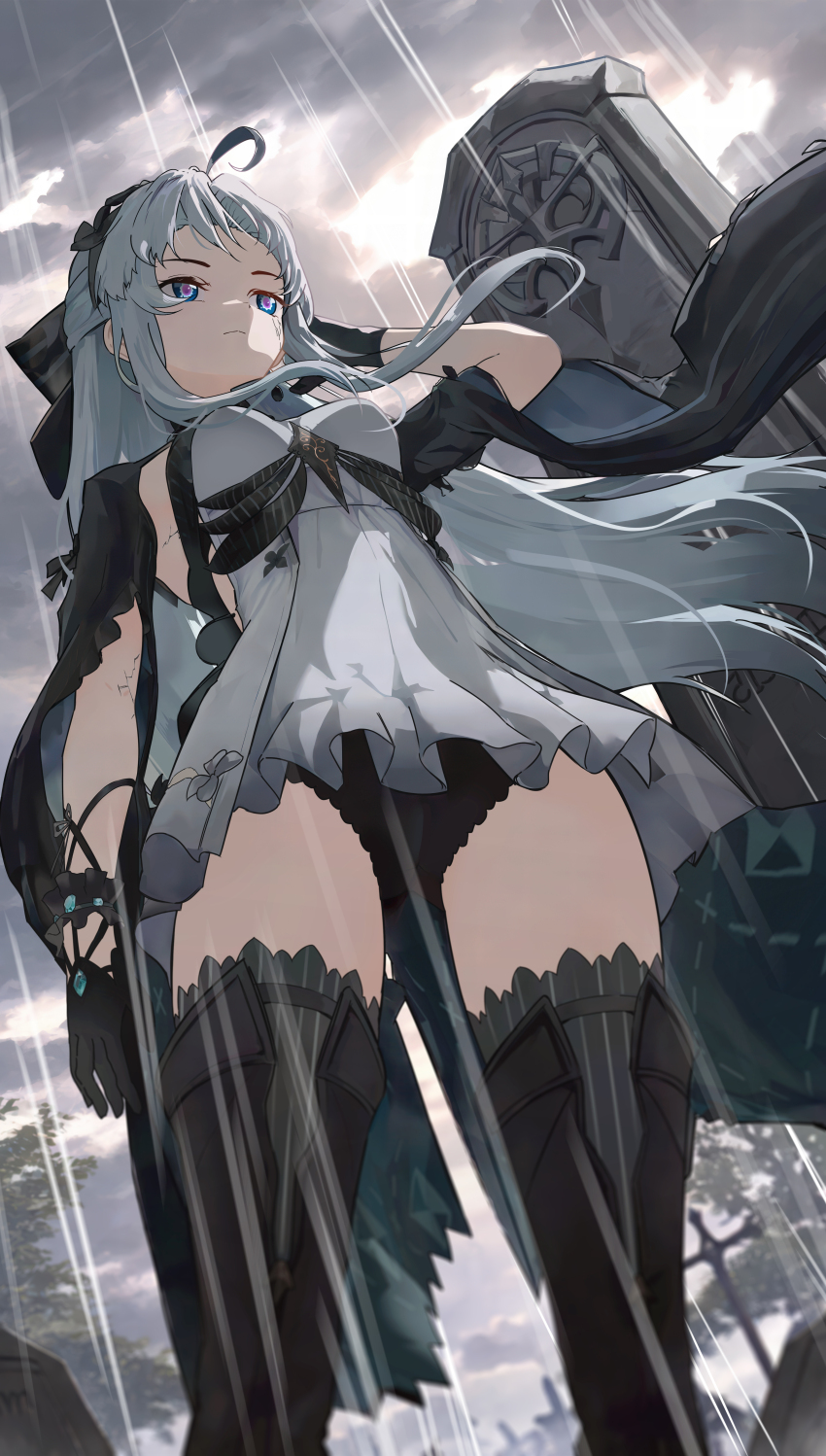1girl absurdres ahoge arm_at_side black_bow black_gloves black_hairband black_jacket black_panties black_thighhighs blue_eyes boots bow breasts carlotta_(wuthering_waves) closed_mouth cloud cloudy_sky commentary cowboy_shot cracked_skin dress english_commentary gloves graveyard hair_bow hairband hand_in_own_hair highres jacket long_hair looking_ahead official_alternate_color outdoors panties rain ryeon_(bluetom1) sidelocks sky small_breasts solo thigh_boots thighhighs thighhighs_under_boots thighs underwear white_dress white_hair wind wuthering_waves