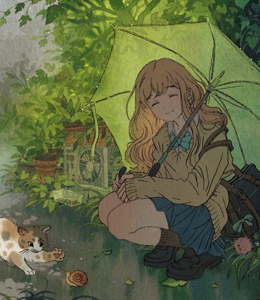 1girl absurdres animal bag black_bag blonde_hair blue_skirt bow brown_sweater cat closed_eyes closed_mouth collared_shirt commentary condenser_unit container cropped english_commentary flower foliage full_body grass highres holding holding_umbrella leaf long_hair long_sleeves original outdoors plant pleated_skirt potted_plant rain school_bag school_uniform shirt shoes shoulder_bag skirt smile snail socks solo squatting sweater tree umbrella vinsenta white_shirt
