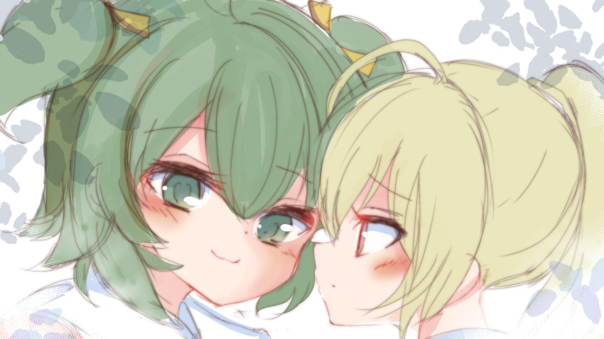 2girls ahoge andou_tazusa assault_lily blonde_hair blush closed_mouth commentary_request eye_contact face-to-face green_eyes green_hair grey_eyes hair_between_eyes hair_ribbon highres irastmanaby looking_at_another multiple_girls ponytail portrait profile raised_eyebrows ribbon shirt short_hair simple_background sleeveless sleeveless_shirt two_side_up white_background white_shirt yellow_ribbon yoshimura_thi_mai yuri