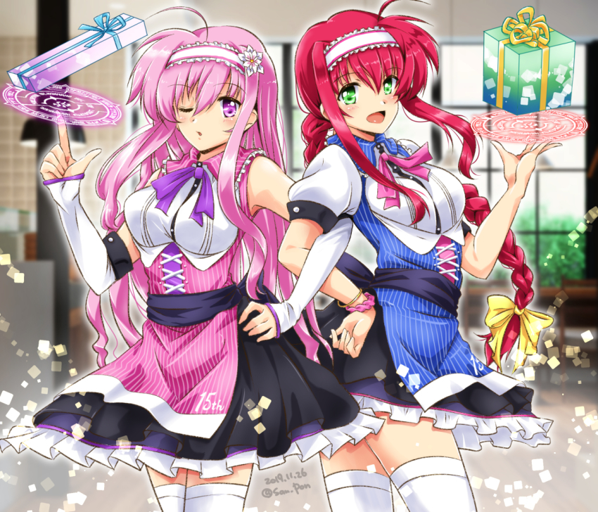 2girls ahoge amitie_florian anniversary blue_dress blurry blurry_background bracelet braid collared_dress commentary dated depth_of_field detached_collar dress frilled_dress frilled_hairband frills gift green_eyes hair_ribbon hairband hand_on_own_hip indoors jewelry kyrie_florian locked_arms long_hair looking_at_viewer lyrical_nanoha lyrical_store magic_circle mahou_shoujo_lyrical_nanoha_reflection multiple_girls neck_ribbon open_mouth pink_dress pink_hair pink_ribbon pointing pointing_up puffy_short_sleeves puffy_sleeves purple_eyes purple_ribbon red_hair ribbon san-pon short_sleeves siblings single_braid sisters smile standing thighhighs waitress white_hairband white_legwear yellow_ribbon