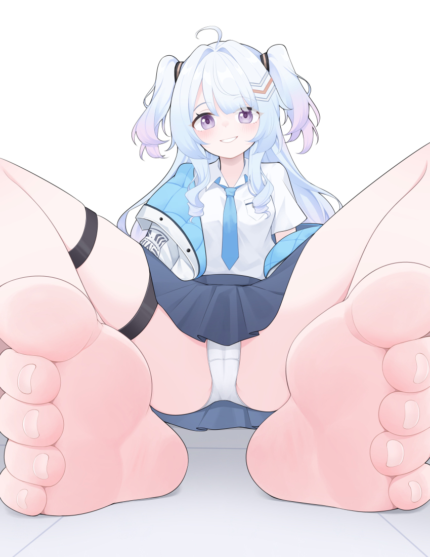 1girl absurdres barefoot blush feet grin highres long_hair looking_at_viewer okamoto_nagi panties pantyshot purple_eyes smile soles toes twintails underwear virtual_youtuber vshojo wl217_(nicexa111)