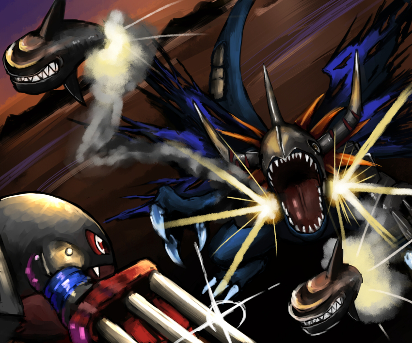 claws cyborg digimon digimon_(creature) digimon_world highres looking_at_viewer metalgreymon_(virus) metalmamemon missile red_eyes sharp_teeth teeth