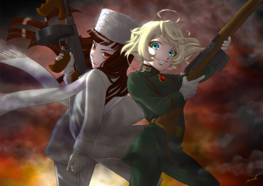 2girls ahoge alucard_(hellsing) back-to-back black_hair blonde_hair blue_eyes cloud commentary_request crossover drum_magazine formal_clothes girlycard gloves gun hellsing high-capacity_magazine holding holding_gun holding_weapon jacket looking_at_viewer magazine_(weapon) military_uniform moto_ho multiple_girls red_eyes rifle scarf sky smile submachine_gun suit tanya_degurechaff thompson_submachine_gun weapon weapon_request white_suit youjo_senki