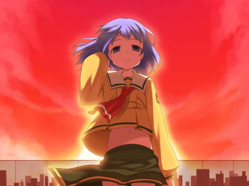 1girl aquaplus_(company) blue_eyes blue_hair dusk empty_eyes female_focus highres leaf_(studio) matching_hair/eyes navel rooftop school_uniform shizuku_(game) short_hair shouji_ayumu solo tsukishima_ruriko
