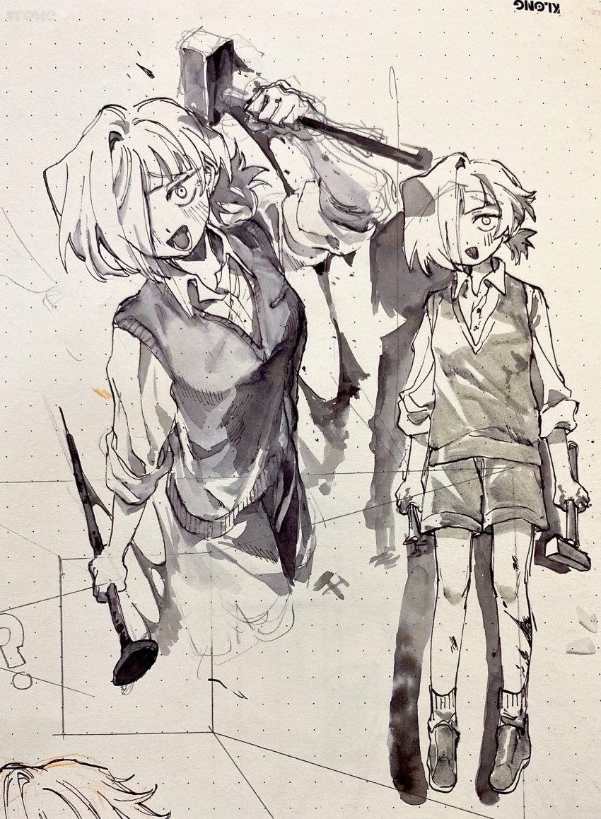 1girl blood blood_on_leg blush collared_shirt greyscale hair_over_one_eye hammer highres holding holding_hammer holding_nail kampuzu kromer_(project_moon) limbus_company low_ponytail monochrome multiple_views nail_(hardware) open_mouth ponytail project_moon shirt shoes short_hair shorts smile socks sweater_vest