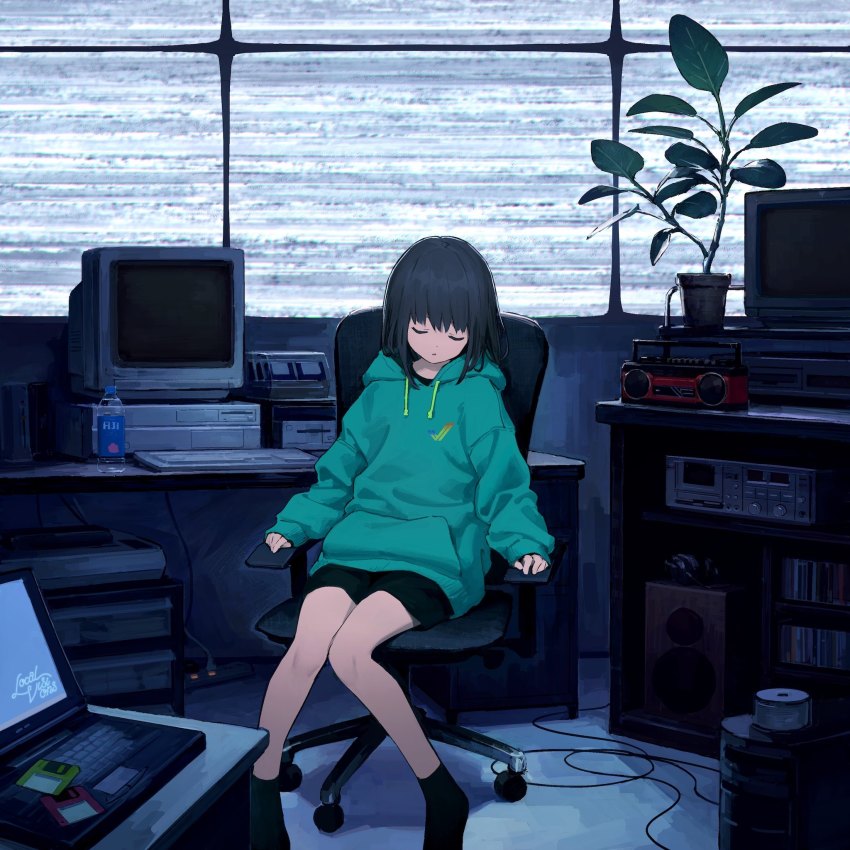 1girl black_hair bottle chair closed_eyes computer computer_keyboard crt desk extension_cord facing_viewer female_focus fiji_water floppy_disk flower_pot green_hoodie headphones highres hood hood_down hoodie indoors laptop office_chair original plant potted_plant retro_artstyle router sho_(sho_lwlw) short_shorts shorts sitting sleeping solo speaker static stereo swivel_chair water_bottle