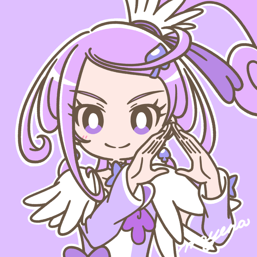1girl absurdres blush bow bright_pupils brooch choker cure_sword detached_sleeves dokidoki!_precure earrings eyelashes hair_ornament heart heart_brooch high_ponytail highres jewelry kenzaki_makoto long_hair looking_at_viewer magical_girl mayena outline ponytail precure purple_background purple_choker purple_eyes purple_hair purple_sleeves simple_background smile solo spade_(shape) spade_earrings spade_hair_ornament spade_hands upper_body waist_ribbon white_outline white_pupils