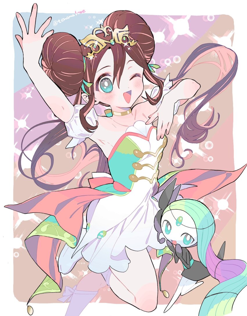 amezawa_koma arm_up armpits back bare_shoulders blue_eyes blush bow breasts brown_hair choker colored_inner_hair commentary detached_sleeves dot_nose double_bun dress gen_5_pokemon hair_between_eyes hair_bun hand_up highres legendary_pokemon long_hair looking_at_viewer medium_breasts meloetta meloetta_(aria) multicolored_hair mythical_pokemon nintendo no_feet one_eye_closed open_mouth outside_border pokemon pokemon_masters_ex puffy_short_sleeves puffy_sleeves rosa_(champion)_(pokemon) rosa_(pokemon) short_dress short_sleeves sidelocks socks standing standing_on_one_leg strapless strapless_dress tiara triangle_mouth twitter_username two-tone_hair white_bow white_dress white_socks