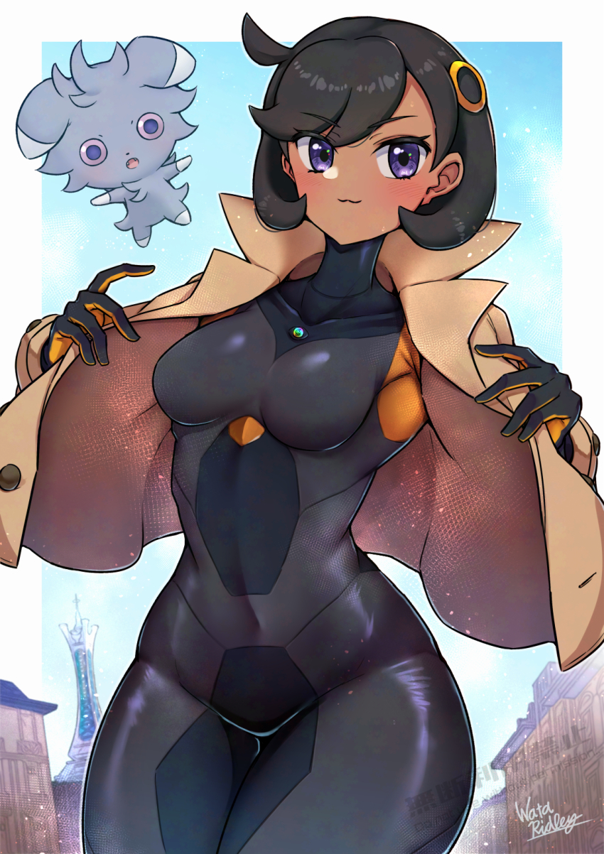 1girl :3 black_bodysuit black_hair blue_sky bodysuit breasts brown_jacket covered_navel cowboy_shot cropped_jacket day emma_(pokemon) espurr gen_6_pokemon hair_ornament highres jacket nintendo open_clothes open_jacket outdoors pokemon pokemon_(creature) pokemon_legends:_z-a purple_eyes short_hair side_ahoge skin_tight sky small_breasts thighs tower wakaba_(wata_ridley) wide_hips