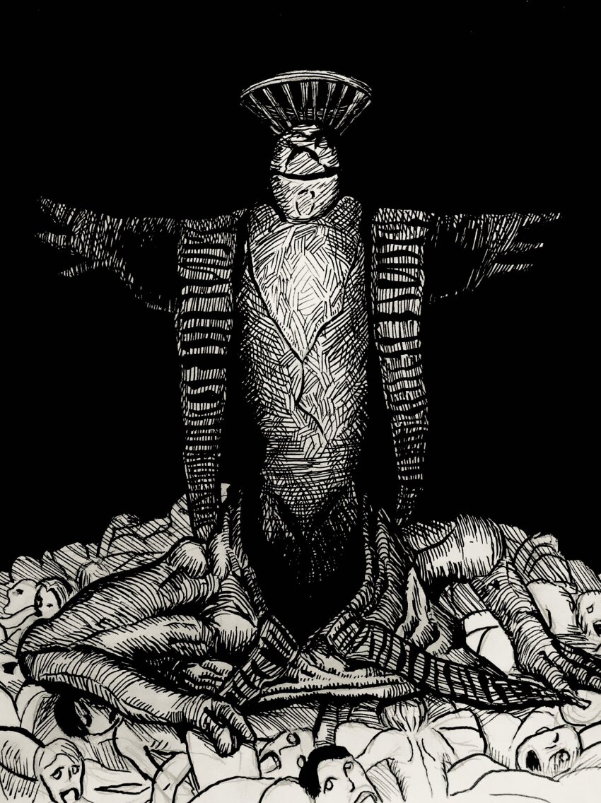 arthuraleksei black_background commentary ecdysis fear_&amp;_hunger_(series) fear_&amp;_hunger_1 halo hatching_(texture) highres inktober monochrome pile_of_corpses sepia shedding spoilers statue the_god_of_fear_and_hunger
