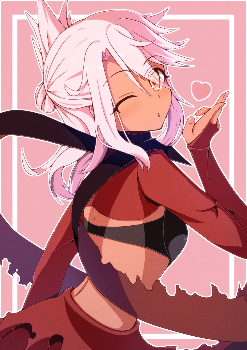 1girl ;o absurdres asymmetrical_hair back black_bra blowing_kiss bra breasts bridal_gauntlets cape chloe_von_einzbern chloe_von_einzbern_(archer_install) commentary_request dark-skinned_female dark_skin fate/kaleid_liner_prisma_illya fate_(series) fingernails folded_ponytail from_behind hair_bun hand_up heart highres inset_border long_hair looking_at_viewer looking_back medium_breasts one_eye_closed parted_lips peisuto pink_background pink_hair red_cape sidelocks simple_background single_hair_bun small_breasts solo torn_cape torn_clothes underwear upper_body waist_cape yellow_eyes
