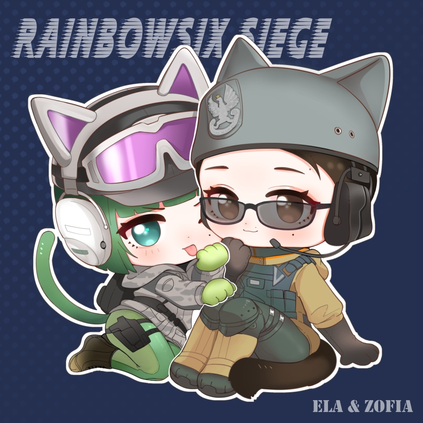 2girls absurdres animal_hands arknights baseball_cap black_gloves blue_background blue_eyes blush boots brown_eyes brown_footwear brown_hair brown_jacket camouflage camouflage_jacket cat_tail character_name chibi closed_mouth commentary_request copyright_name ear_protection ela_(rainbow_six_siege) elbow_gloves gloves goggles goggles_on_headwear green_gloves green_hair green_pantyhose grey_hat grey_jacket hairtail hat headset helmet highres hood hood_down hooded_jacket jacket knee_pads knees_up looking_at_viewer military_combat_uniform military_uniform multiple_girls outline pantyhose paw_gloves polka_dot polka_dot_background rainbow_six_siege simple_background sitting smile sunglasses swept_bangs tail tongue tongue_out white_outline zofia_(rainbow_six_siege)