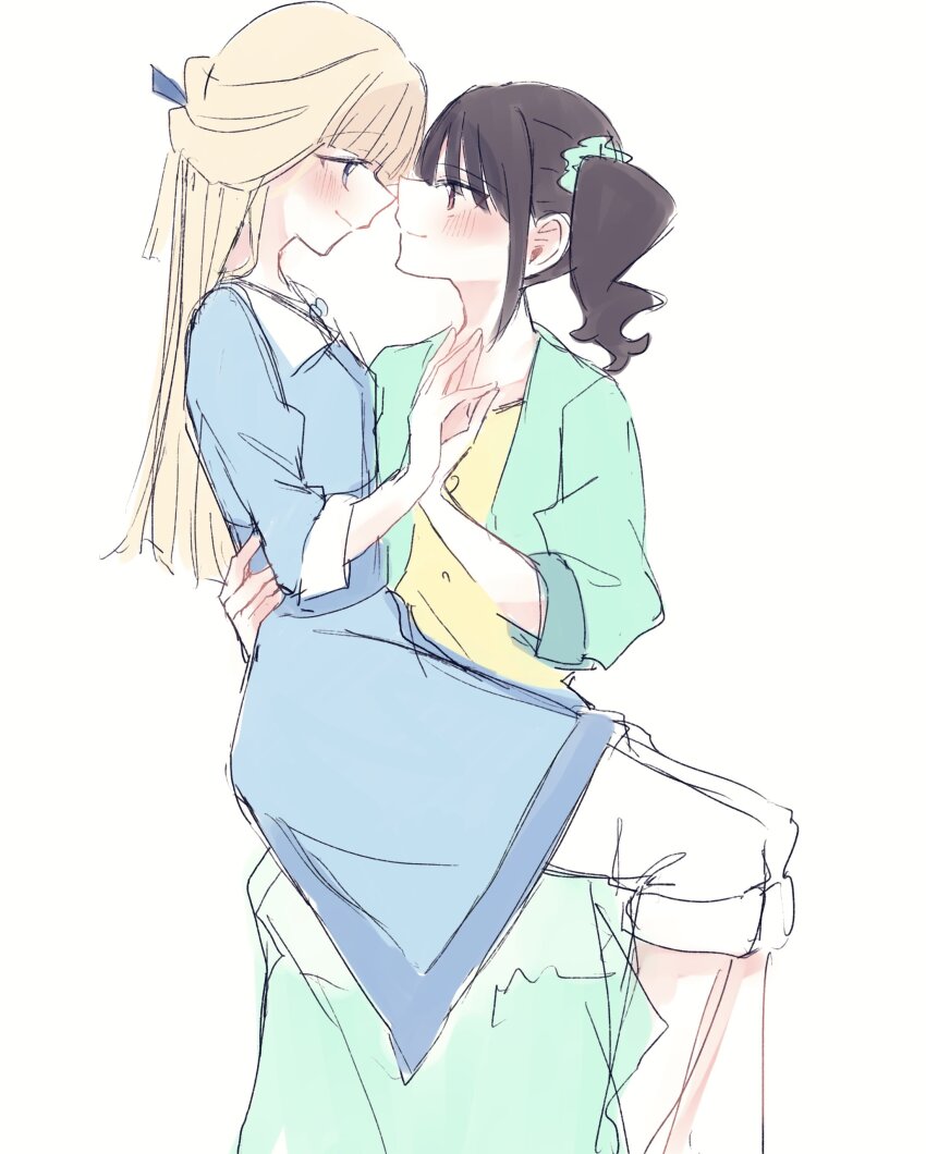 2girls absurdres blonde_hair blue_dress blue_eyes blue_jacket blue_skirt blush brown_hair closed_mouth commentary dress eye_contact hair_ornament hair_scrunchie half_updo hand_on_another&#039;s_waist highres holding_hands jacket long_hair looking_at_another multiple_girls nekoyashiki_mayu nekoyashiki_yuki precure profile rita_(myyk_rrnyam) scrunchie shirt side_ponytail simple_background sitting sitting_on_lap sitting_on_person skirt smile symbol-only_commentary white_background wonderful_precure! yellow_shirt yuri
