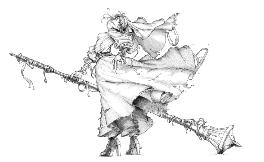 1girl absurdres antique_firearm bandaged_arm bandages boots breasts commentary_request dress firearm firelock full_body greyscale grin gun head_tilt high_heel_boots high_heels highres holding holding_weapon lantern looking_at_viewer matchlock mji_(emucchi) monochrome nun original simple_background small_breasts smile solo teeth weapon