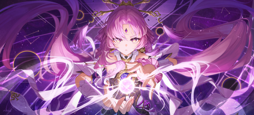 1girl absurdres bare_shoulders black_dress collar commentary dress dvdarts forehead_jewel fu_xuan_(honkai:_star_rail) hair_ornament hand_up highres honkai:_star_rail honkai_(series) long_hair looking_at_viewer multicolored_eyes orange_eyes orange_pupils orb parted_bangs parted_lips pink_eyes pink_hair serious solo sweatdrop upper_body v-shaped_eyebrows very_long_hair white_collar