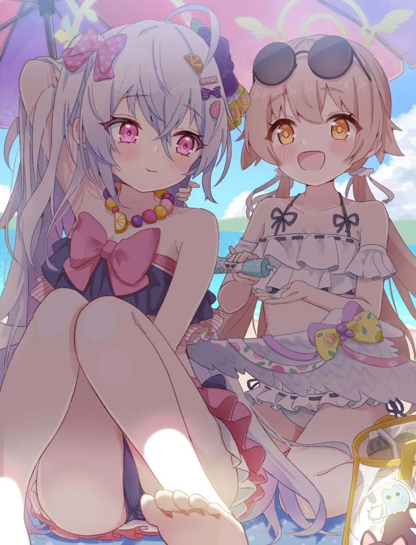 2girls ahoge azusa_(blue_archive) azusa_(swimsuit)_(blue_archive) barefoot big_brother_(blue_archive) bikini blue_archive blue_bikini brown_hair closed_mouth commentary_request eyewear_on_head feathered_wings frilled_bikini frills green_halo halo halterneck hifumi_(blue_archive) hifumi_(swimsuit)_(blue_archive) highres knees_up long_hair lotion mikumiku37 multiple_girls official_alternate_costume open_mouth peroro_(blue_archive) pink_eyes round_eyewear sitting sunglasses sunscreen swimsuit toes twintails very_long_hair wavecat_(blue_archive) white_bikini white_hair white_wings wings yellow_eyes