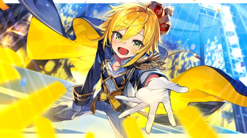1boy blonde_hair blue_cape blue_jacket blurry_edges border cape collared_shirt crown fuubuu gloves green_eyes hair_between_eyes hand_on_own_thigh highres jacket legs_apart long_sleeves lower_teeth_only male_focus nijisanji official_alternate_costume open_mouth pants reaching reaching_towards_viewer shirt short_hair smile solo standing sweat tassel teeth uzuki_kou virtual_youtuber white_border white_gloves white_pants