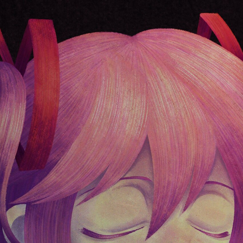 1girl black_background close-up closed_eyes commentary cryptidhermit english_commentary facing_ahead faux_traditional_media hair_between_eyes hair_ribbon highres kaname_madoka mahou_shoujo_madoka_magica mouth_out_of_frame pink_hair red_ribbon ribbon solo twintails