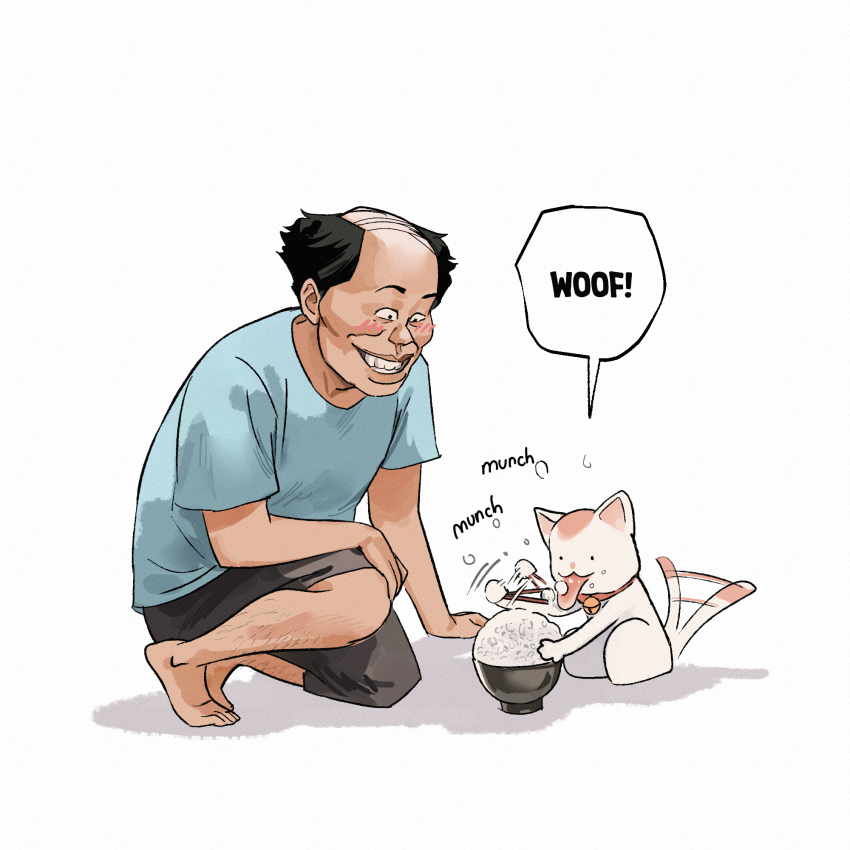 1boy animal bald barefoot black_hair blue_shirt blush cat chopsticks commentary duc_94 eating english_commentary grin highres holding holding_chopsticks kneeling leg_hair male_focus original rice shirt shorts smile solo tail tail_wagging