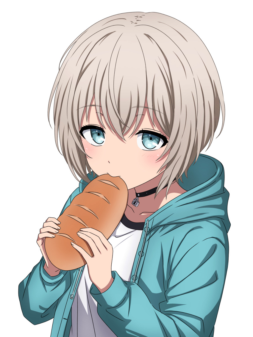 1girl aoba_moca bang_dream! blue_eyes blue_jacket bread commentary_request eating food grey_hair hair_between_eyes highres jacket long_sleeves looking_at_viewer noshimurin shirt short_hair simple_background solo upper_body white_background white_shirt