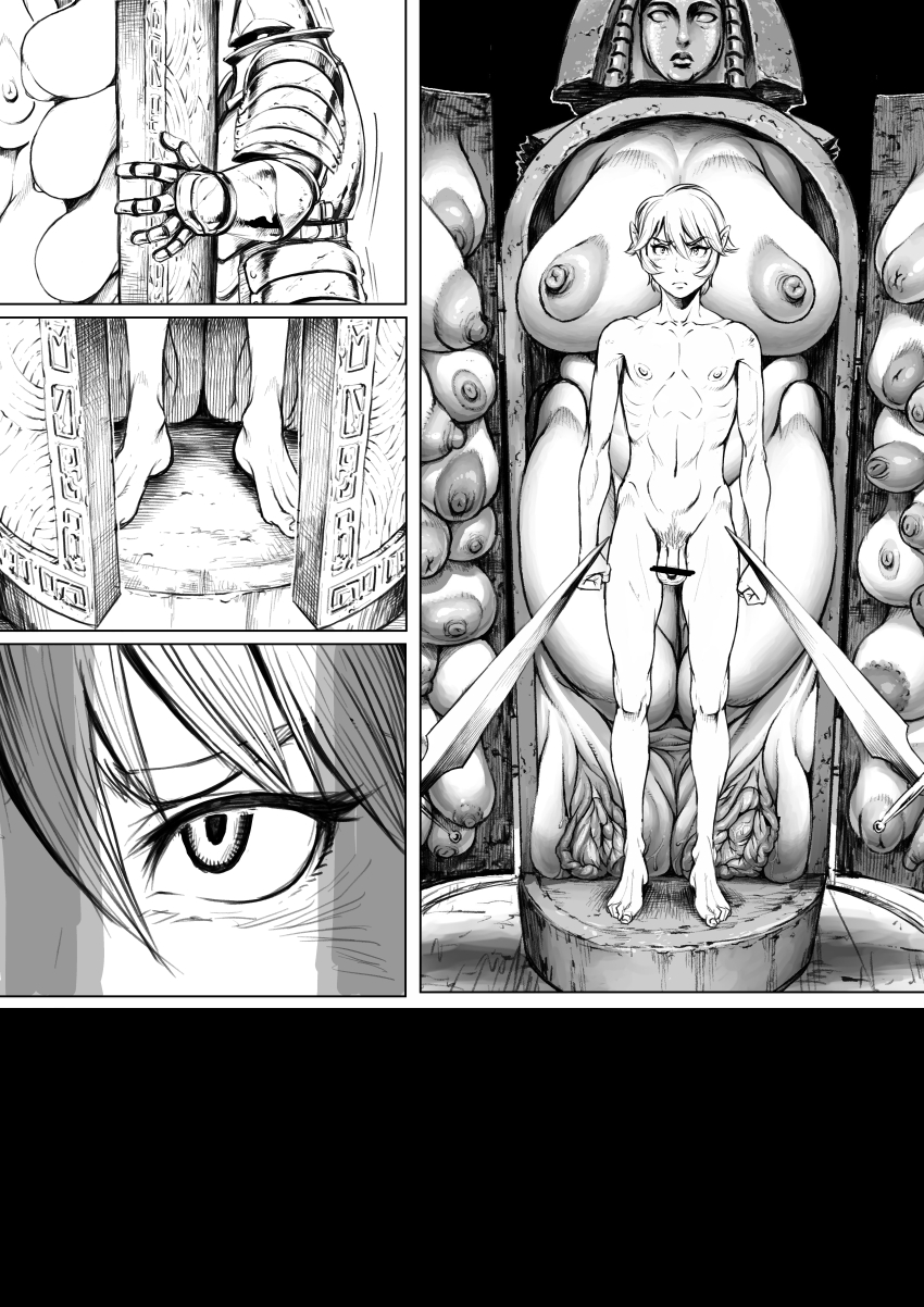 1boy 1girl absurdres armor barefoot breasts comic completely_nude double_deck elf extra_breasts extra_pussies feet flaccid hetero highres huge_breasts iron_maiden knight monochrome monster_girl nipples nude original penis pointy_ears pussy sword testicles weapon