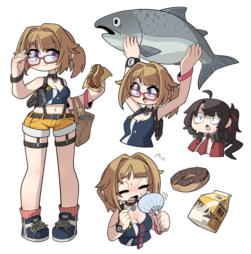 1boy 1girl absurdres adjusting_eyewear ahoge animal armedrabbit arms_up belt blue_footwear bracelet breasts brown_bag brown_hair burger can cleavage collar commander_(girls&#039;_frontline) commission donut fanning_self food full_body girls&#039;_frontline glasses grizzly_mkv_(girls&#039;_frontline) grizzly_mkv_(weekend_cop)_(girls&#039;_frontline) hair_intakes highres holding holding_animal holding_food holster jacket jewelry lar_grizzly_win_mag long_hair medium_breasts midriff milk_carton navel no_eyewear non-web_source official_alternate_costume open_mouth ponytail purple_eyes red_jacket red_socks salmon_(fish) shirt short_hair short_ponytail short_shorts shorts shoulder_holster simple_background smile socks surprised sweat tank_top watch white_background white_shirt yellow_shorts