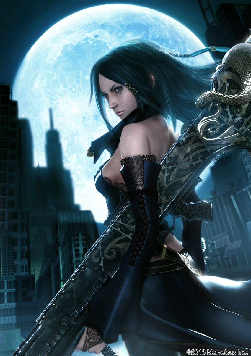 1girl alicia_(bullet_witch) aq_interactive backless_outfit bare_back bare_shoulders belt bra bra_peek breasts bridal_gauntlets building bullet_witch cavia city copyright_notice crop_top detached_sleeves frills from_behind green_eyes green_hair gun hair_tubes halter_shirt halterneck highres holding holding_gun holding_weapon lace lace-trimmed_bra lace-up_sleeves lace_trim layered_sleeves long_hair long_sleeves looking_at_viewer matching_hair/eyes medium_breasts midriff mole mole_under_eye moon official_art pantyhose sideboob sideways_glance skyscraper solo turning_head underwear waist_cape weapon wide_sleeves wing_collar witch