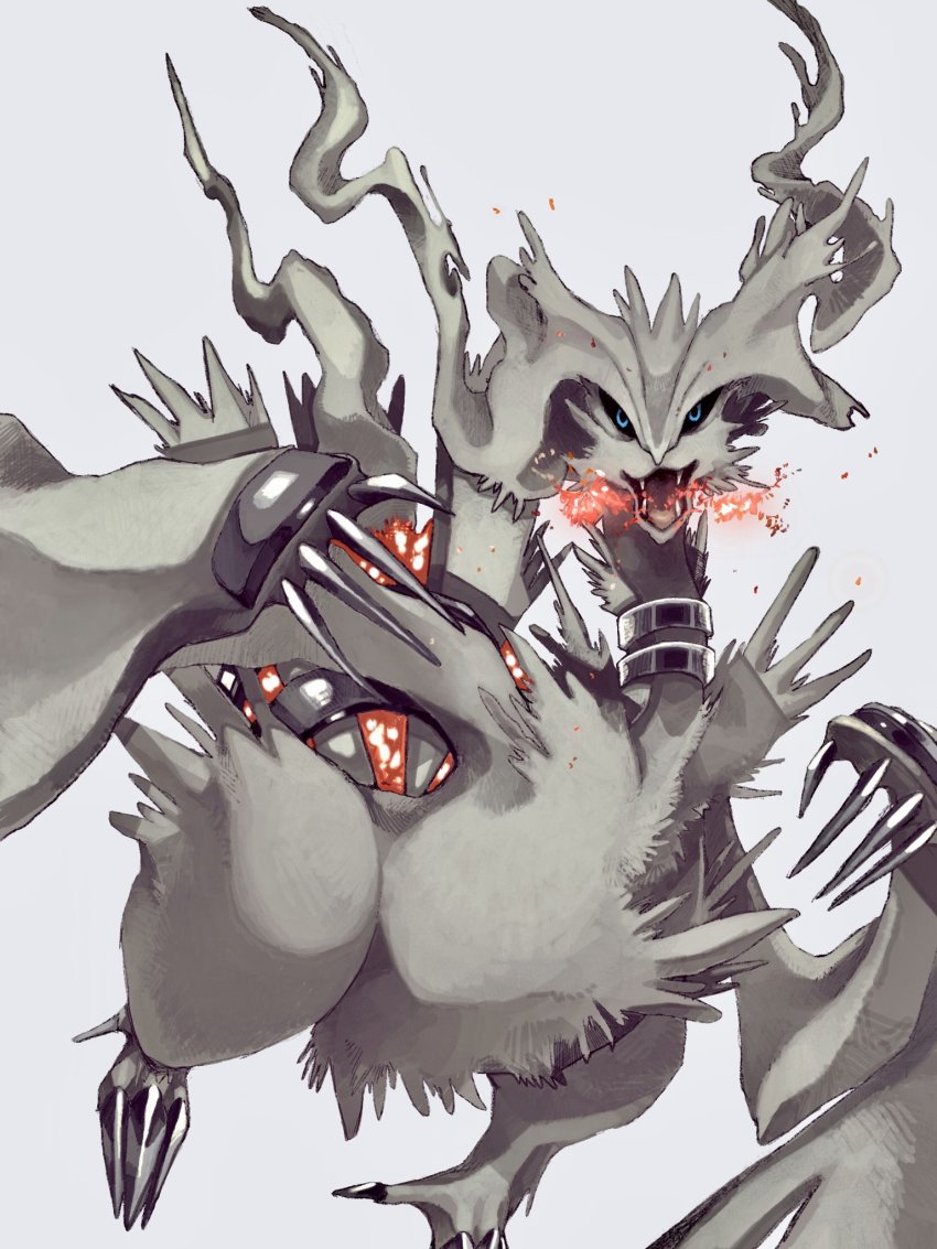 black_sclera blue_eyes breath_weapon breathing_fire claws colored_sclera commentary fire gen_5_pokemon gogot grey_background grey_fur highres jewelry legendary_pokemon looking_at_viewer neck_ring nintendo no_humans pokemon pokemon_(creature) reshiram solo