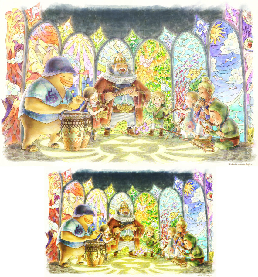 3girls 4boys aryll beak bongos cheek_swirl closed_eyes cocura crown daphnes_nohansen_hyrule drum goron harp hat highres instrument king link md5_mismatch medli multiple_boys multiple_girls nintendo ocarina open_mouth rainbow_order resolution_mismatch shield shield_on_back smile source_smaller stained_glass tan tetra the_legend_of_zelda the_legend_of_zelda:_the_wind_waker tingle toon_link triforce wand window xylophone