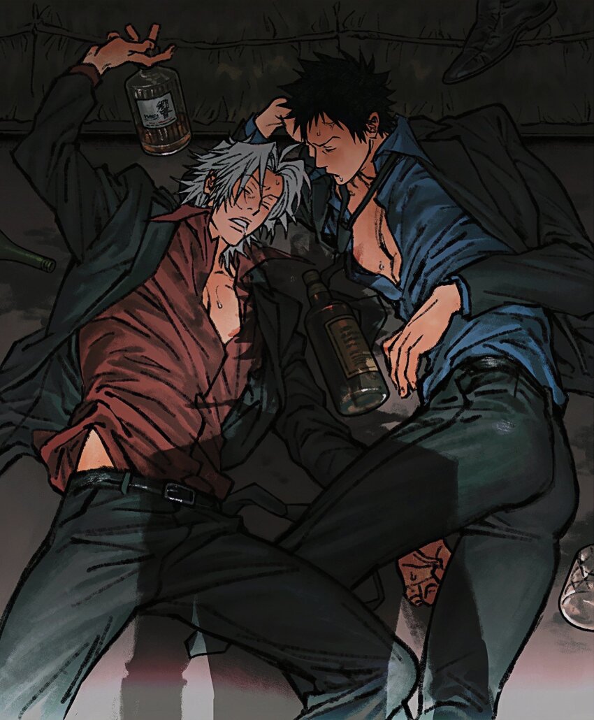 2boys alcohol arm_rest arm_up belt black_belt black_hair black_jacket black_necktie black_pants blue_shirt bottle closed_eyes commentary drunk entangled feet_out_of_frame glass glass_bottle gokudera_hayato hair_intakes hand_on_own_head hand_on_own_stomach highres holding holding_bottle jacket katekyo_hitman_reborn! layered_clothes layered_sleeves long_sleeves lying male_focus multiple_boys necktie on_back on_side open_clothes open_shirt pants parted_lips shirt short_hair suit_jacket sweat sweatdrop teeth umkaqryi undone_necktie white_hair yamamoto_takeshi