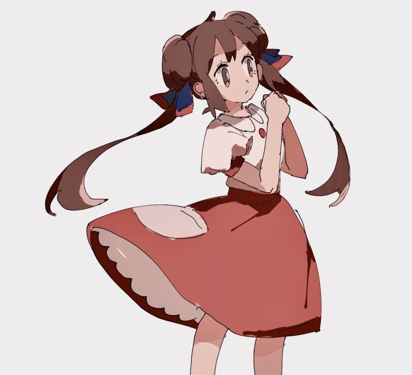 1girl brown_eyes brown_hair closed_mouth collared_shirt double_bun feet_out_of_frame frown hair_bun hair_ribbon hands_up legs_apart long_hair medium_skirt nintendo pokemon pokemon_bw2 puffy_short_sleeves puffy_sleeves red_ribbon red_skirt ribbon rosa_(pokemon) shichibee_(stm_mimi) shirt short_sleeves simple_background skirt solo standing twintails white_background white_shirt
