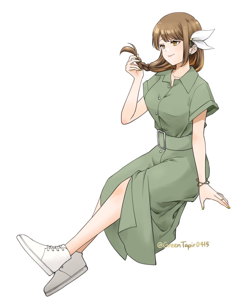 1girl alternate_costume brown_hair closed_mouth dress fire_emblem fire_emblem_engage goldmary_(fire_emblem) green_dress hair_ribbon highres jewelry long_hair low-braided_long_hair low-tied_long_hair low_ponytail midori_no_baku nintendo playing_with_own_hair ponytail ribbon ring white_footwear white_ribbon yellow_eyes