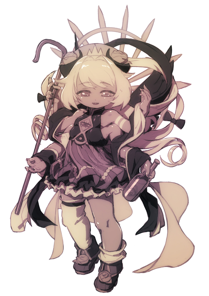 1girl amaryllis_gumi boots bottle breasts dark-skinned_female dark_skin demon_girl dress extra_arms feral_lemma flower full_body gyan_mudra hagoromo hair_flower hair_ornament hand_up heterochromia high-waist_skirt highres holding holding_bottle horizontal_pupils horns long_hair looking_at_viewer mudra open_mouth overskirt purple_skirt rose shawl shepherd&#039;s_crook simple_background single_thighhigh skirt sleeveless sleeveless_dress small_breasts smile solo standing striped_clothes striped_skirt thighhighs virtual_youtuber white_background wings yotsutsuji_mayoi