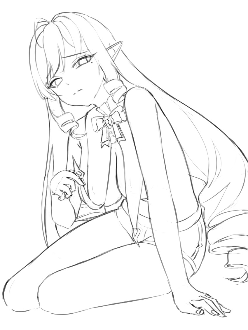 1girl absurdres bare_shoulders bow bowtie breast_curtains frown greyscale highres long_hair looking_at_viewer mole mole_under_eye monochrome pointy_ears ringlets seungju short_shorts shorts sketch solo thighs unfinished very_long_hair vivian_(zenless_zone_zero) zenless_zone_zero