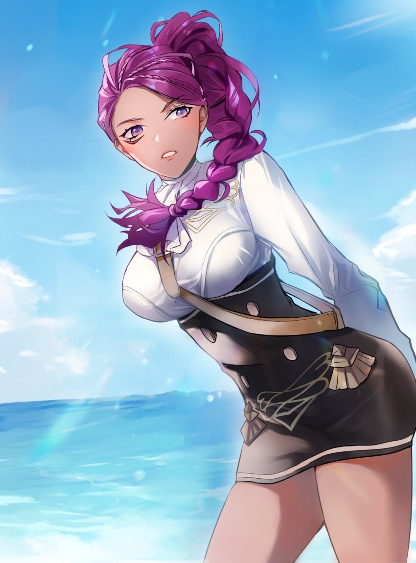 1girl arms_behind_back black_skirt blue_sky braid breasts buttons cloud dark-skinned_female dark_skin day facial_mark fire_emblem fire_emblem:_three_houses garreg_mach_monastery_uniform high-waist_skirt highres large_breasts long_hair looking_at_viewer nintendo ocean outdoors petra_macneary purple_eyes purple_hair shirt skirt sky solo standing thighs white_shirt zat_296