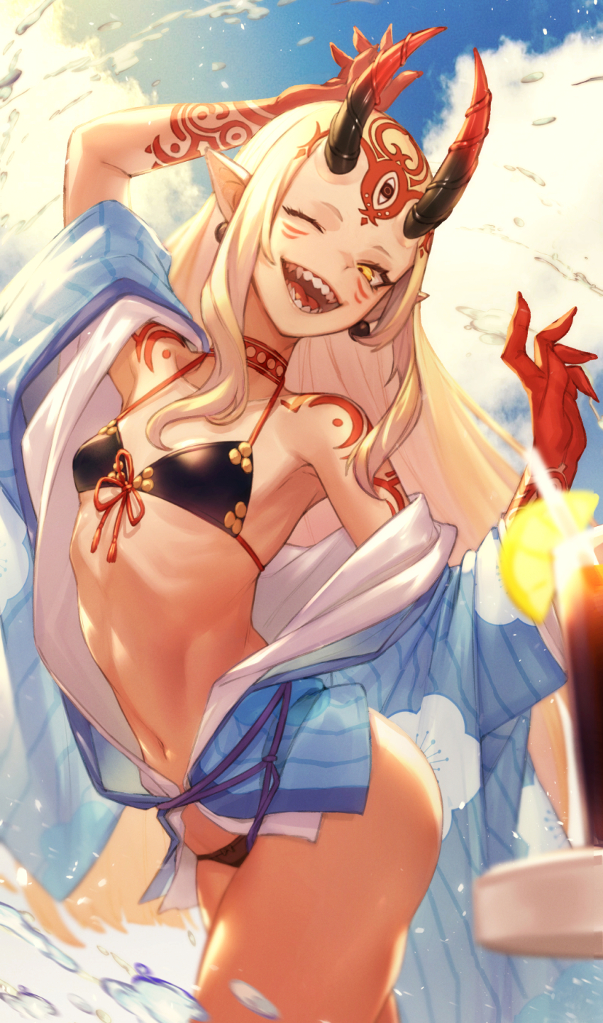 1girl bare_shoulders bikini black_bikini blonde_hair blue_kimono breasts earrings facial_mark fate/grand_order fate_(series) fingernails forehead_mark highres horns ibaraki_douji_(fate) ibaraki_douji_(fate/grand_order) ibaraki_douji_(swimsuit_lancer)_(fate) ibaraki_douji_(swimsuit_lancer)_(first_ascension)_(fate) japanese_clothes jewelry kimono long_hair navel one_eye_closed oni open_mouth outdoors pointy_ears relayrl sharp_fingernails sharp_teeth small_breasts solo stomach striped_clothes striped_kimono swimsuit tattoo teeth vertical-striped_clothes vertical-striped_kimono very_long_hair yellow_eyes