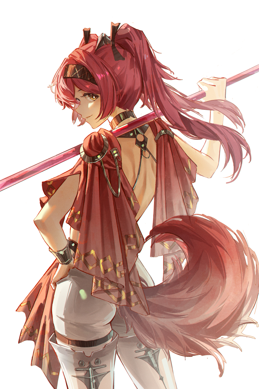 1girl absurdres ass back bodysuit boots commentary cowboy_shot doki_illus from_behind hairband hand_on_own_hip highres holding holding_polearm holding_weapon long_hair looking_at_viewer looking_back lupa_(wuthering_waves) metal_hairband parted_lips pink_hair polearm red_sash sash shoulder_blades simple_background smile solo tail thigh_boots weapon white_background white_bodysuit white_boots wolf_tail wuthering_waves yellow_eyes