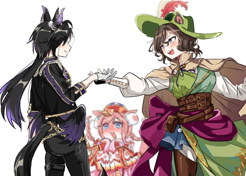 3girls agnes_digital_(lovely_jiangshi)_(umamusume) agnes_digital_(umamusume) air_shakur_(belphegor&#039;s_prime)_(umamusume) air_shakur_(umamusume) animal_ears belt black_hair black_jacket black_pants blurry blurry_background blush boots breasts brown_boots brown_hair cape chain clothing_cutout commentary_request corset dress ears_through_headwear eye_contact gloves green_dress green_hat hat highres horns horse_ears horse_girl horse_tail jacket korean_commentary long_hair long_sleeves looking_at_another low_wings multiple_girls nose open_mouth outstretched_arm pants pink_hair pouch puffy_long_sleeves puffy_sleeves shirt short_hair simple_background small_breasts smile standing tail tail_through_clothes tap_dance_city_(proudly_yo-ho!)_(umamusume) tap_dance_city_(umamusume) thigh_boots third-party_source umamusume unseuking0427 v-shaped_eyebrows white_background white_gloves white_shirt wings