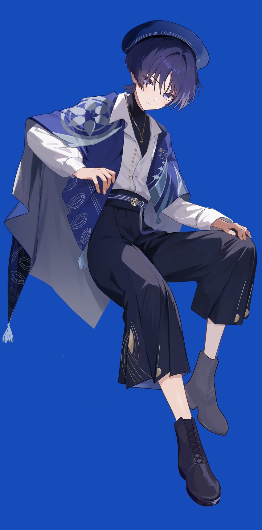 1boy absurdres alternate_costume asymmetrical_footwear belt belt_buckle black_boots black_pants black_shirt black_undershirt blue_background blue_belt blue_hat blue_shawl blunt_ends boots bright_pupils buckle closed_mouth collared_shirt fingernails fringe_trim full_body genshin_impact gold_necklace gold_pendant grey_boots grey_eyes hair_intakes hakama hakama_pants hand_on_own_knee hat highres japanese_clothes jewelry jingasa lace-up_boots long_sleeves looking_at_viewer male_focus necklace official_alternate_costume open_hands pants rrr_gns_(riuriu_1212) scaramouche_(genshin_impact) shawl shirt solo turtleneck turtleneck_shirt wanderer_(genshin_impact) wanderer_(wanderer_impression)_(genshin_impact) white_pupils white_shirt white_sleeves wing_collar